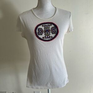 Tory Burch Shirt Womens X Small White Beaded Logo Graphic Tee Short Sleeve Top